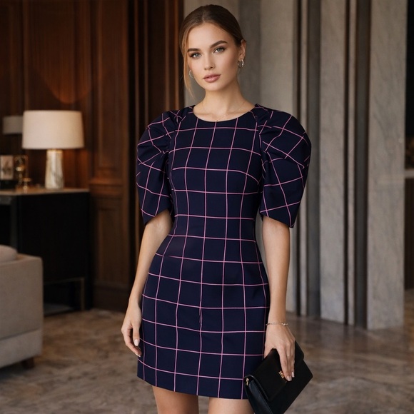 Milly Dresses & Skirts - MILLY Aria dress in black & pink window-pane plaid size 6